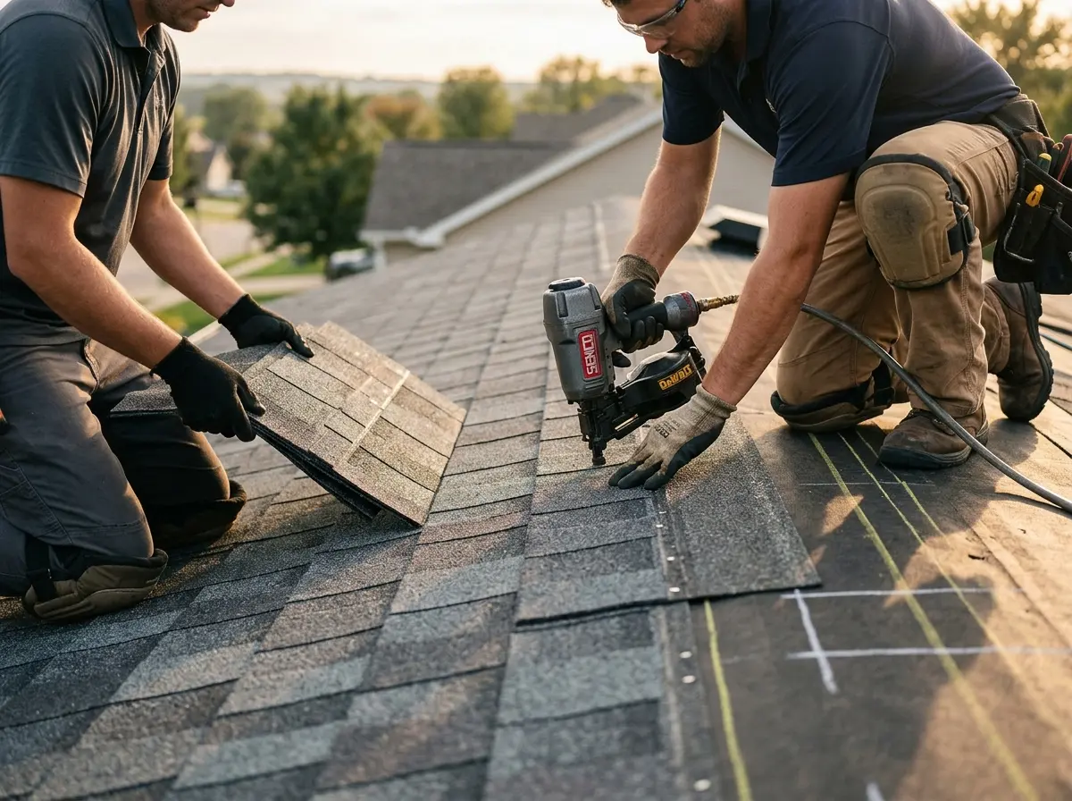 Professional roofer working on a residential roof in Massanetta Springs